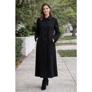 Liz Claiborne Women’s Long Black Wool Coat Size 12 Classic Button Front